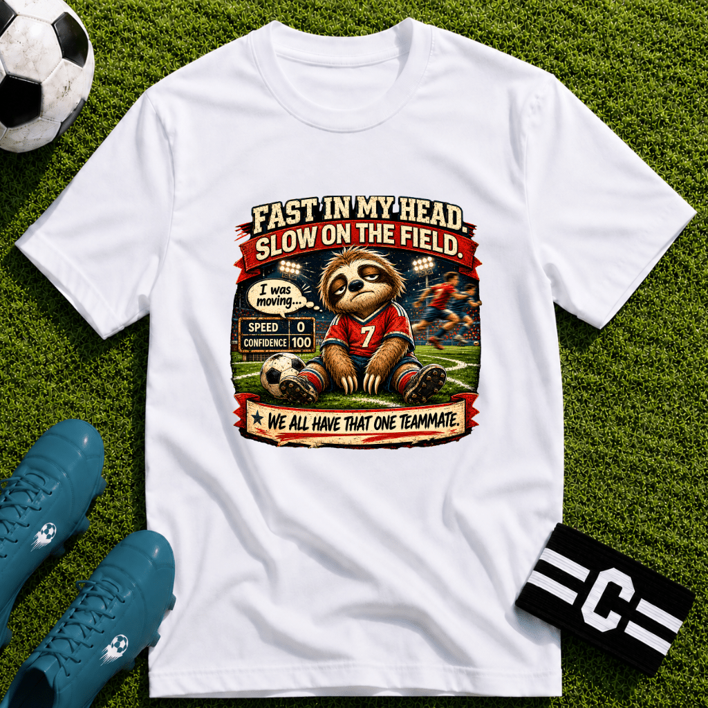 Sloth Football T-Shirt "Fast In My Head, Slow On The Field" - soccer fan t-shirt | GoalRush Studio