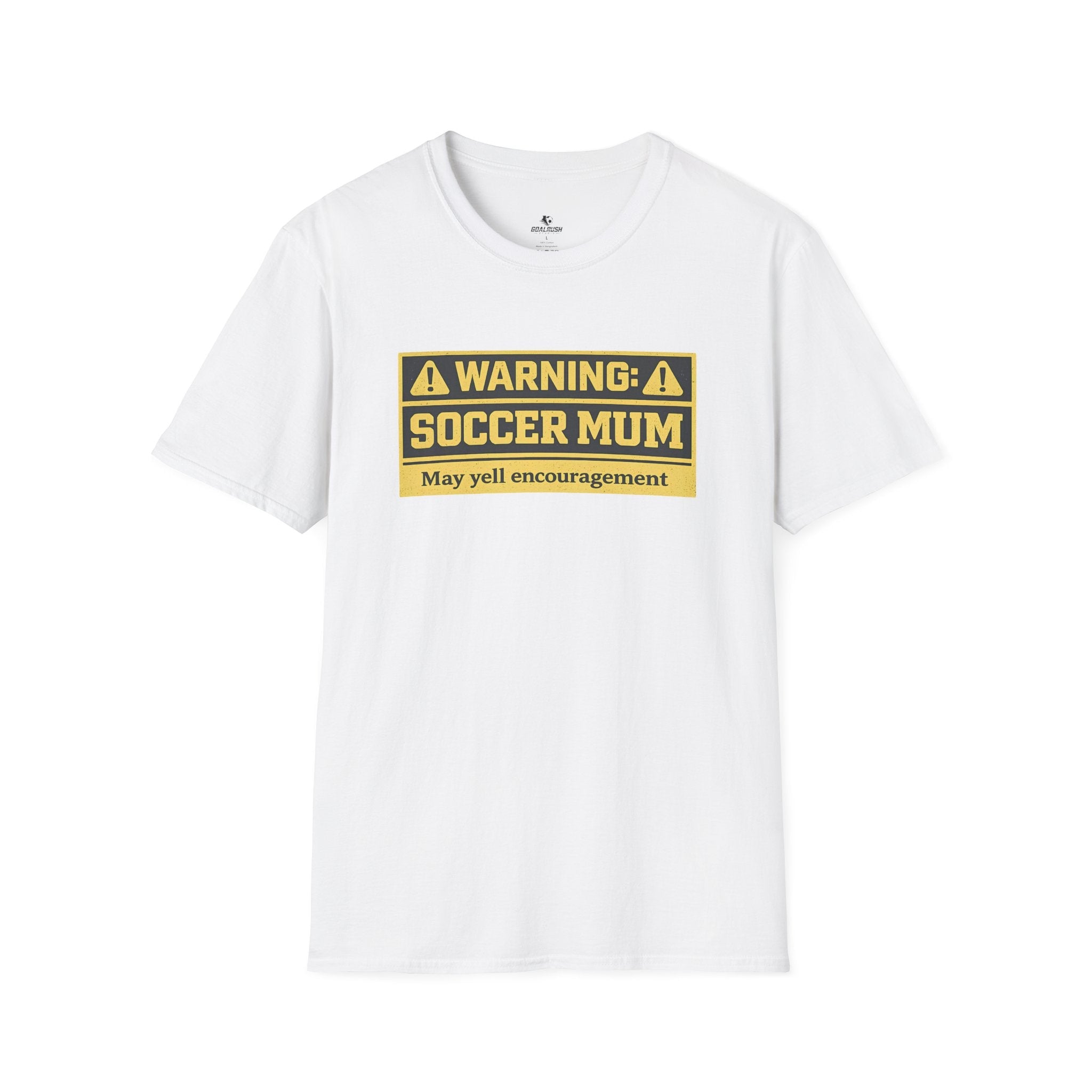 Soccer Mum Warning "May Yell Encouragement" T-Shirt - soccer fan t-shirt | GoalRush Studio
