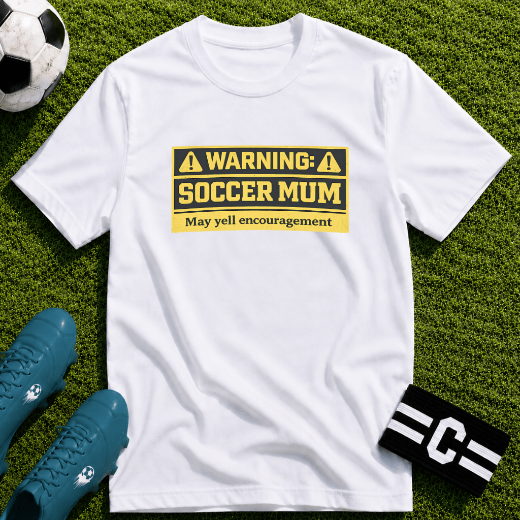 Soccer Mum Warning "May Yell Encouragement" T-Shirt - soccer fan t-shirt | GoalRush Studio