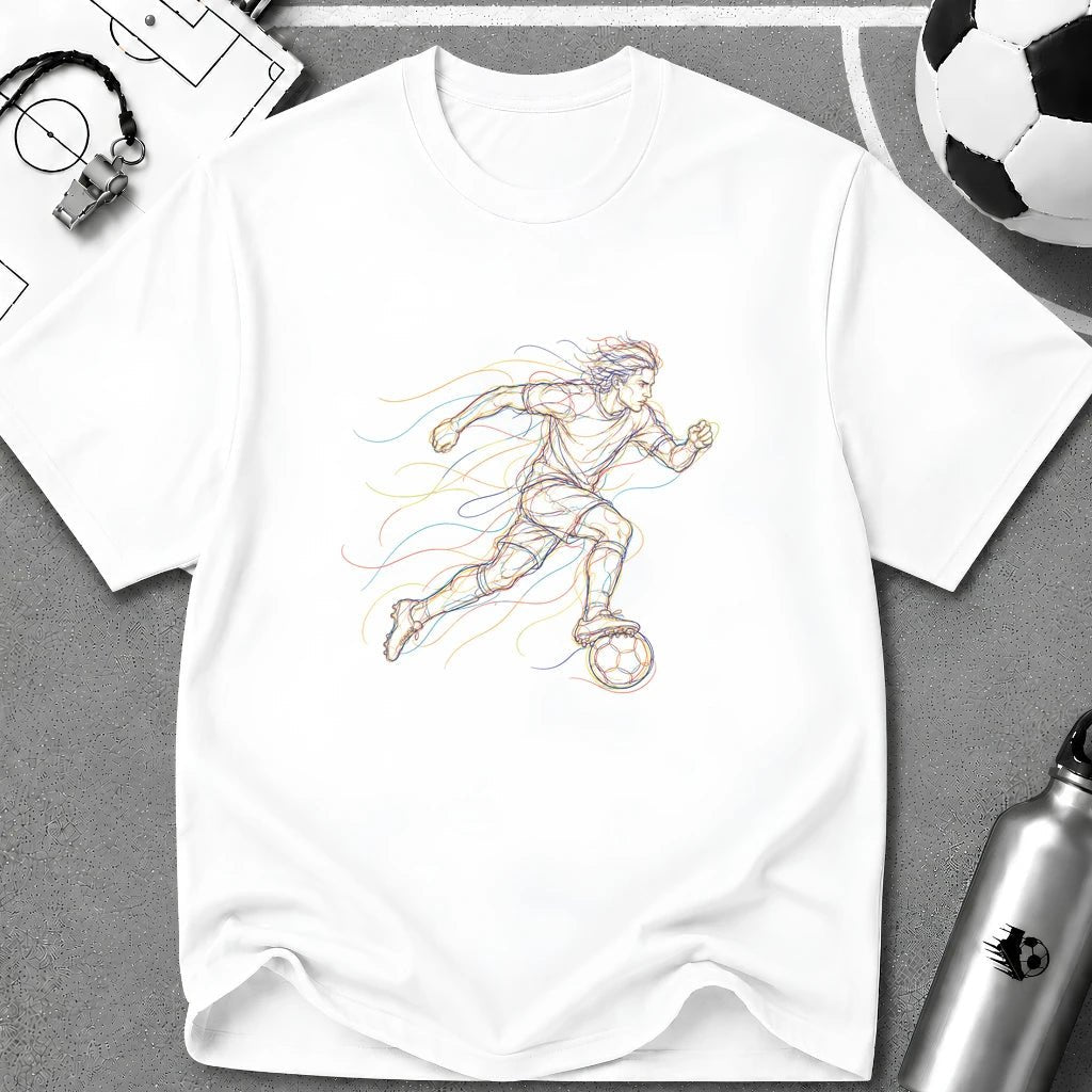 Solo Player Dribbling at Speed. On The Run Multi-Line Colour Art T-Shirt - soccer fan t-shirt | GoalRush Studio