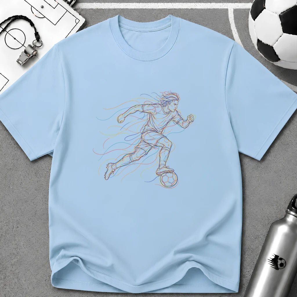 Solo Player Dribbling at Speed. On The Run Multi-Line Colour Art T-Shirt - soccer fan t-shirt | GoalRush Studio