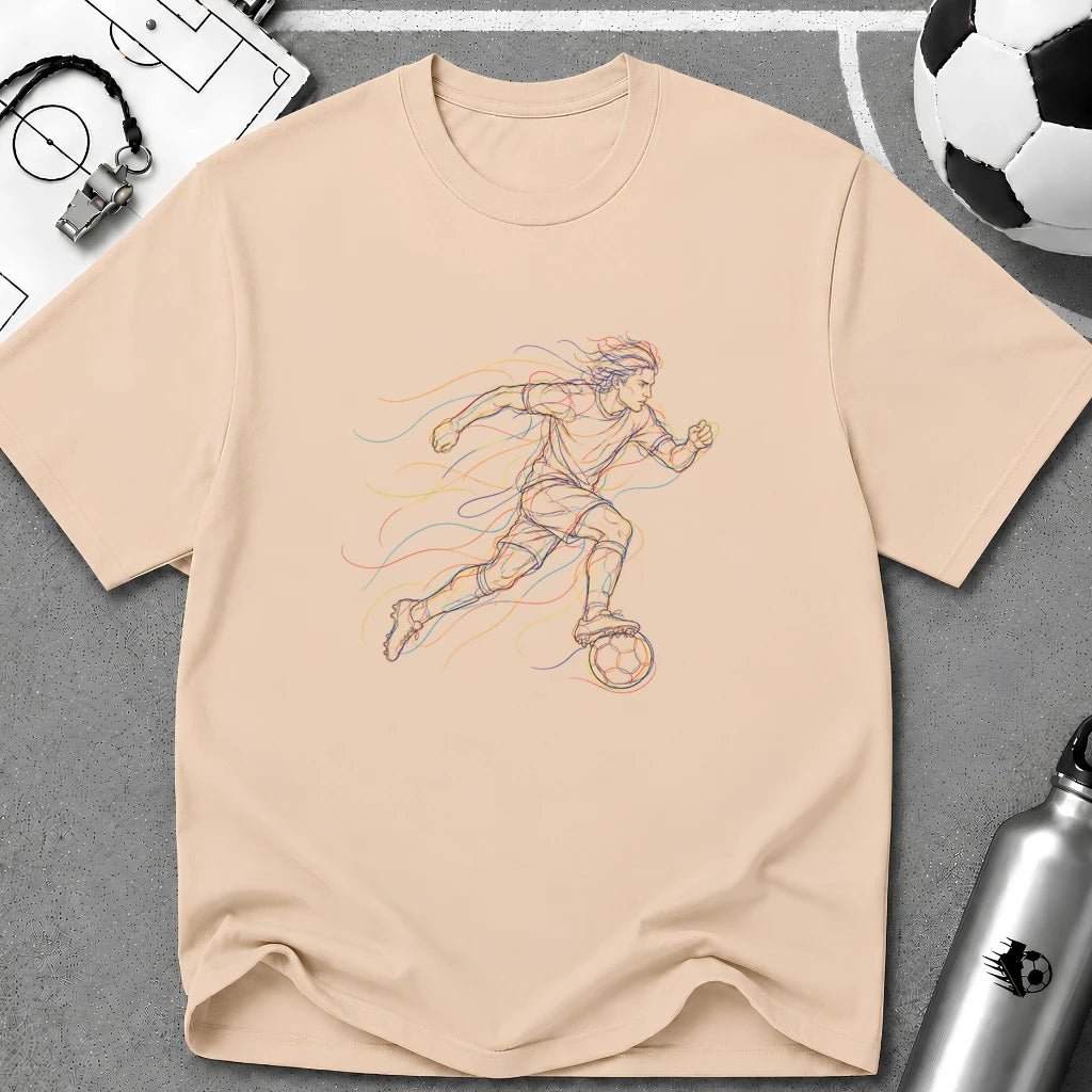 Solo Player Dribbling at Speed. On The Run Multi-Line Colour Art T-Shirt - soccer fan t-shirt | GoalRush Studio