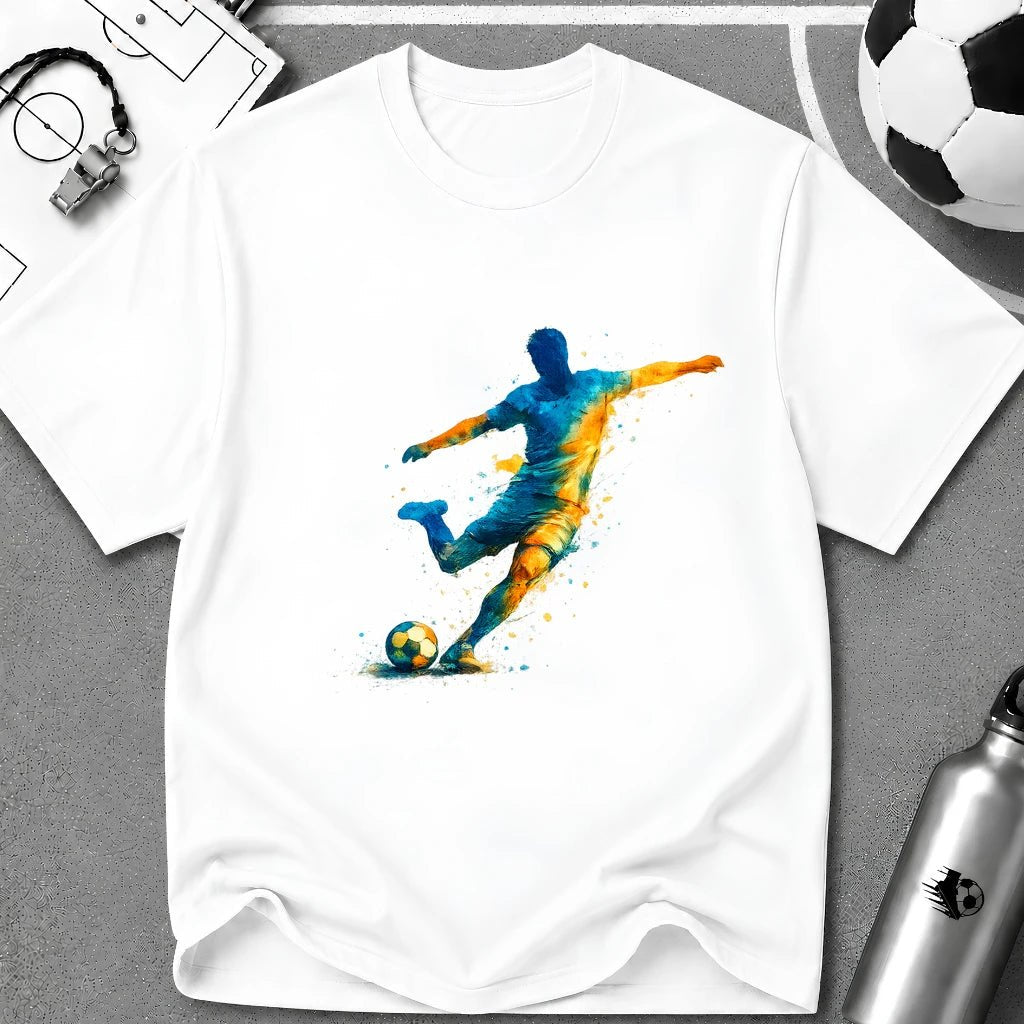 Strike Art Watercolour Soccer Player Graphic T-Shirt - soccer fan t-shirt | GoalRush Studio