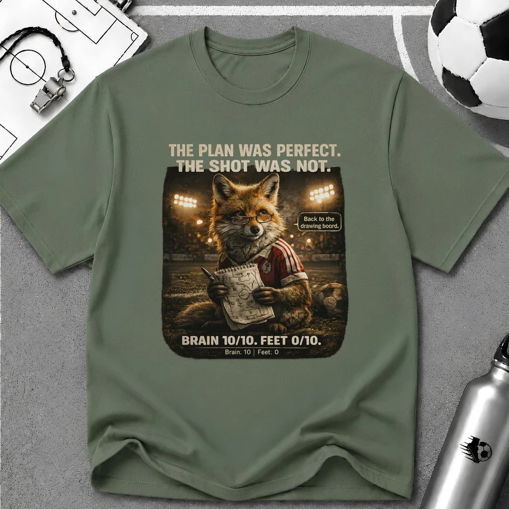 Tactical Fox Soccer T-Shirt "The Plan Was Perfect, The Shot Was Not" - soccer fan t-shirt | GoalRush Studio