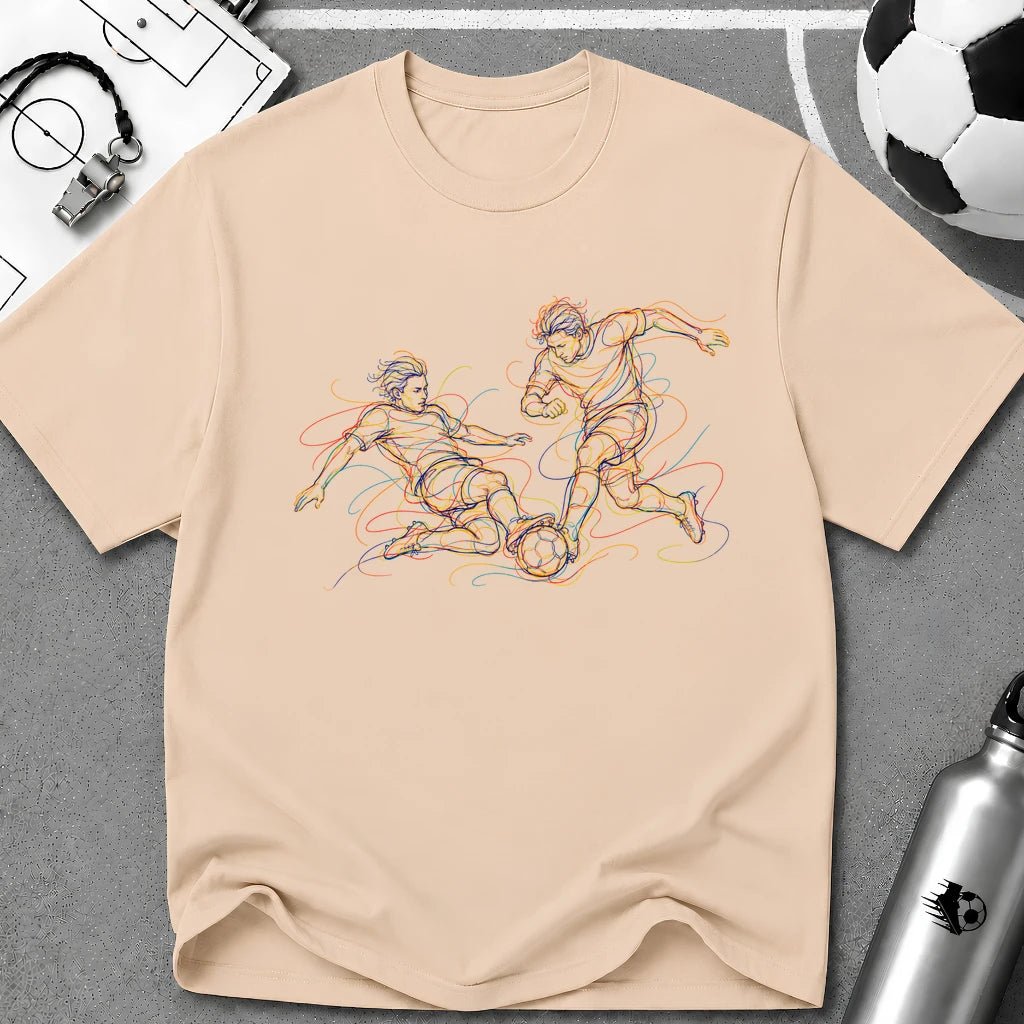 Two Player Duel / 50-50 Tackle. No Mercy Multi-Line Colour Art T-Shirt - soccer fan t-shirt | GoalRush Studio