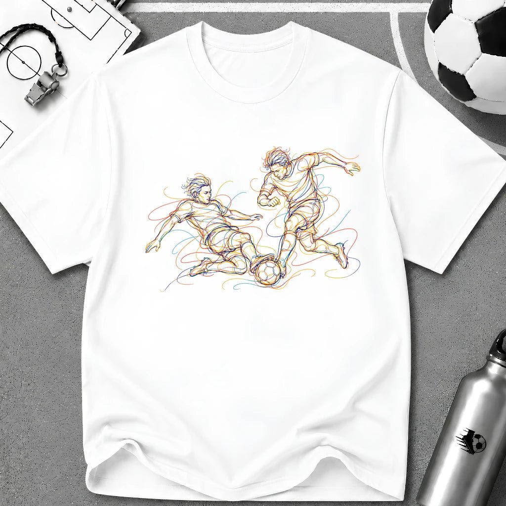 Two Player Duel / 50-50 Tackle. No Mercy Multi-Line Colour Art T-Shirt - soccer fan t-shirt | GoalRush Studio