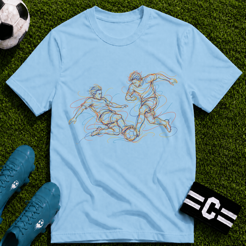 Two Player Duel / 50-50 Tackle. No Mercy Multi-Line Colour Art T-Shirt - soccer fan t-shirt | GoalRush Studio