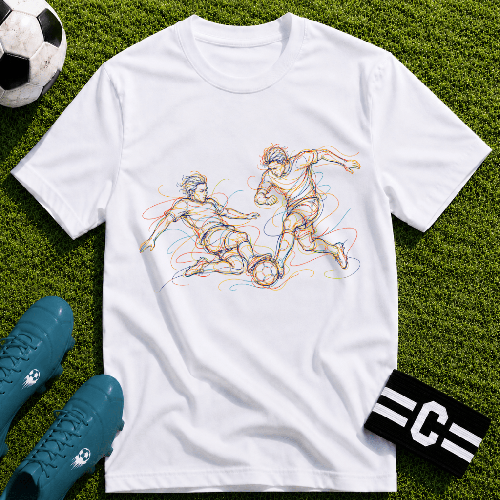 Two Player Duel / 50-50 Tackle. No Mercy Multi-Line Colour Art T-Shirt - soccer fan t-shirt | GoalRush Studio