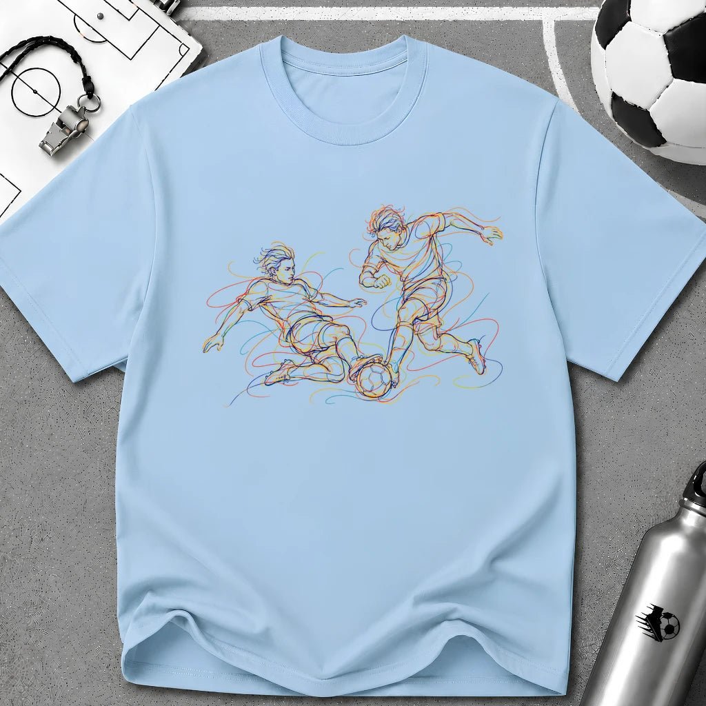 Two Player Duel / 50-50 Tackle. No Mercy Multi-Line Colour Art T-Shirt - soccer fan t-shirt | GoalRush Studio
