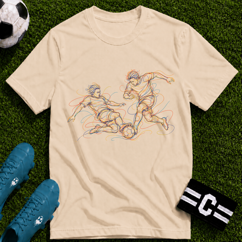 Two Player Duel / 50-50 Tackle. No Mercy Multi-Line Colour Art T-Shirt - soccer fan t-shirt | GoalRush Studio