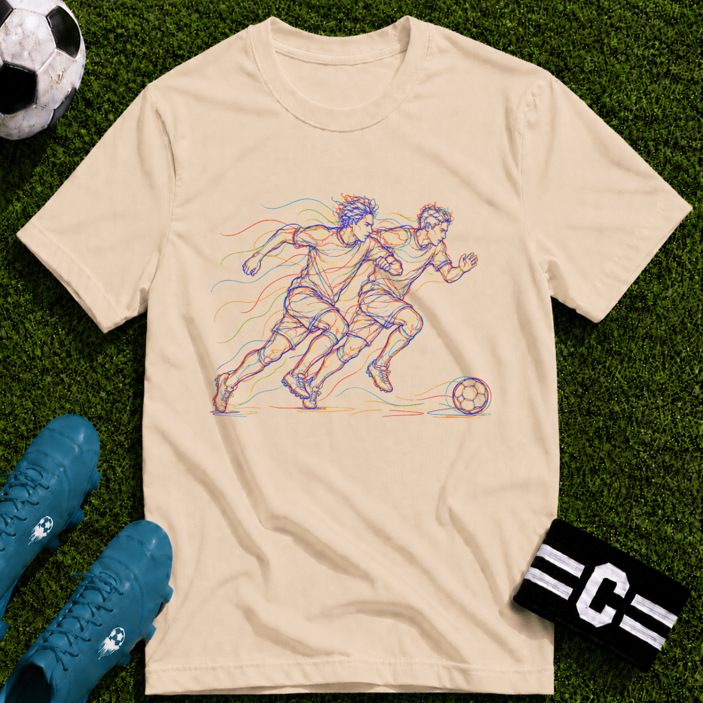 Two Player Sprint Race. First To It Multi-Line Colour Art T-Shirt - soccer fan t-shirt | GoalRush Studio