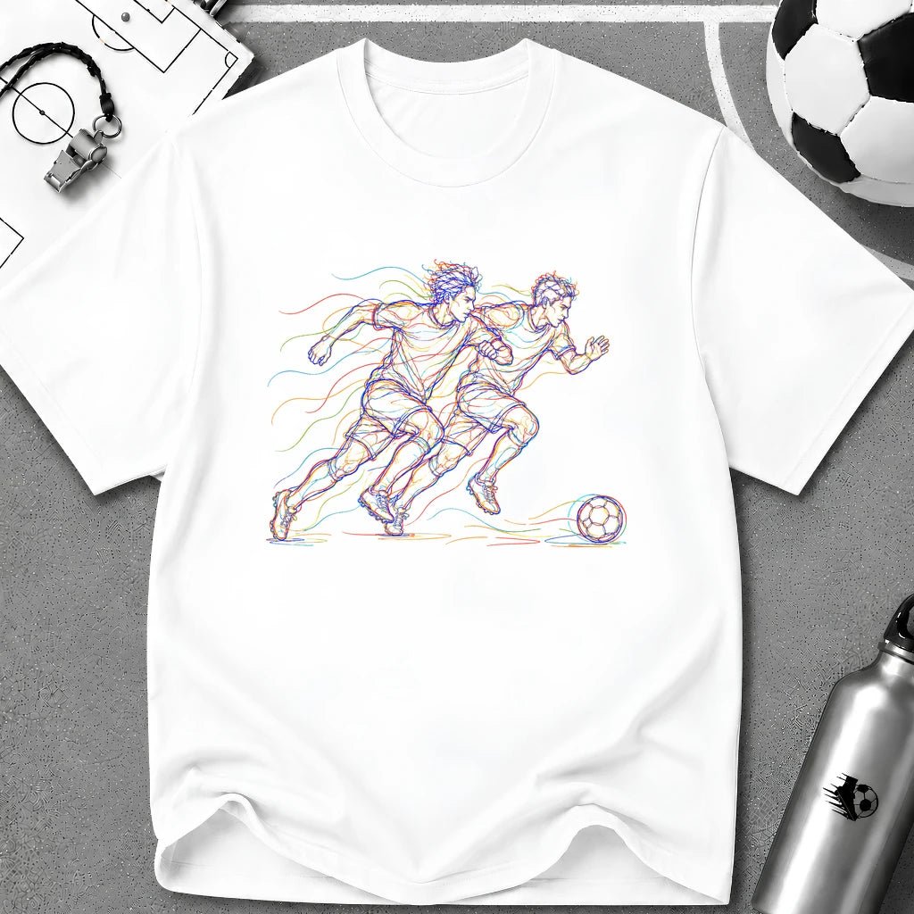 Two Player Sprint Race. First To It Multi-Line Colour Art T-Shirt - soccer fan t-shirt | GoalRush Studio