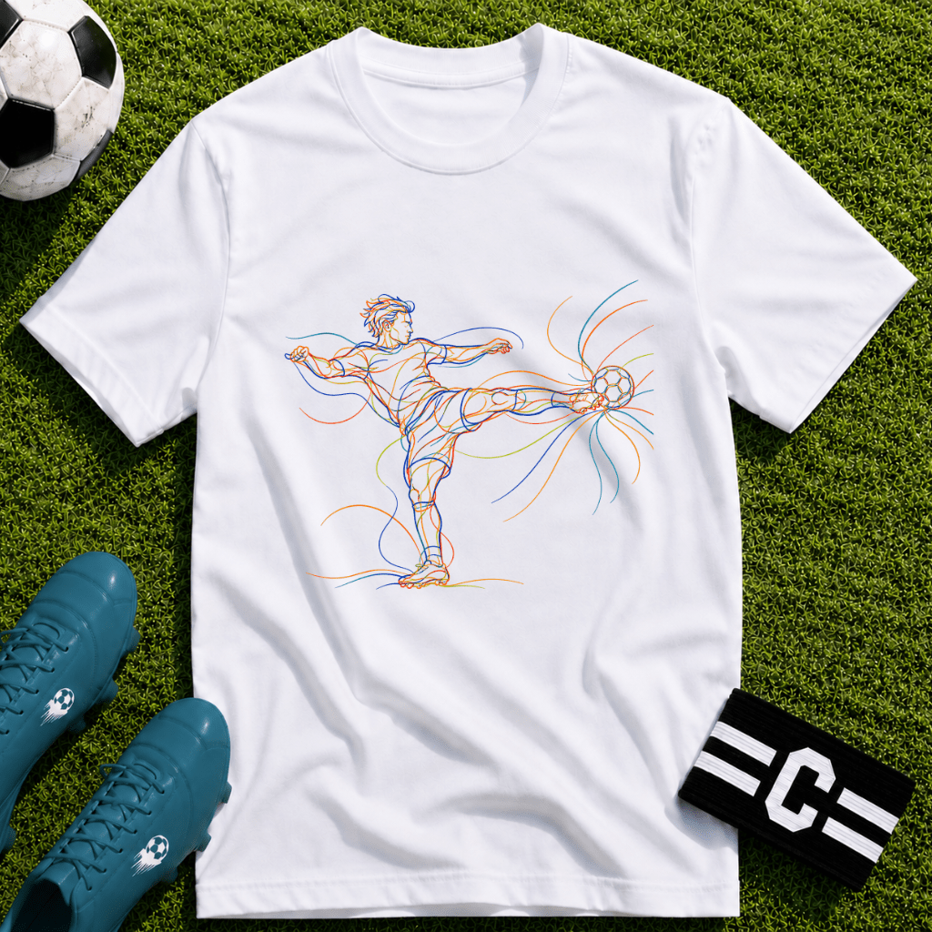 Volley Strike. On The Half Multi-Line Colour Art T-Shirt - soccer fan t-shirt | GoalRush Studio