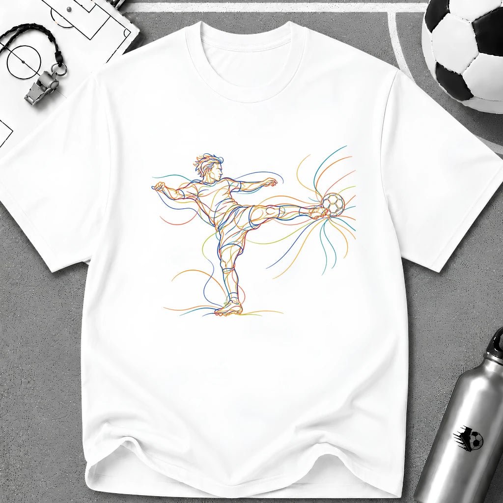 Volley Strike. On The Half Multi-Line Colour Art T-Shirt - soccer fan t-shirt | GoalRush Studio