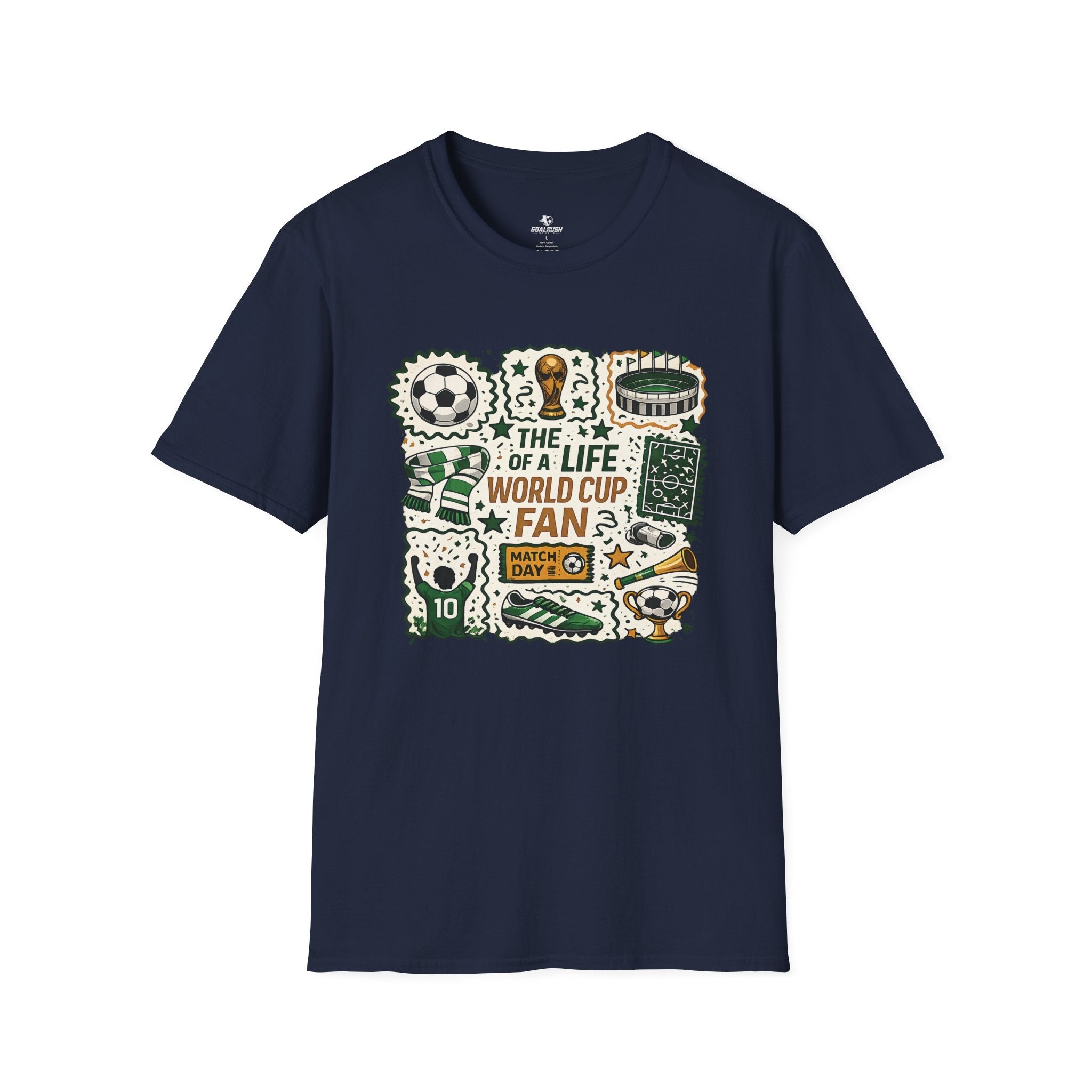 World Cup Soccer Fan Stamp Collage Soccer T-Shirt - soccer fan t-shirt | GoalRush Studio