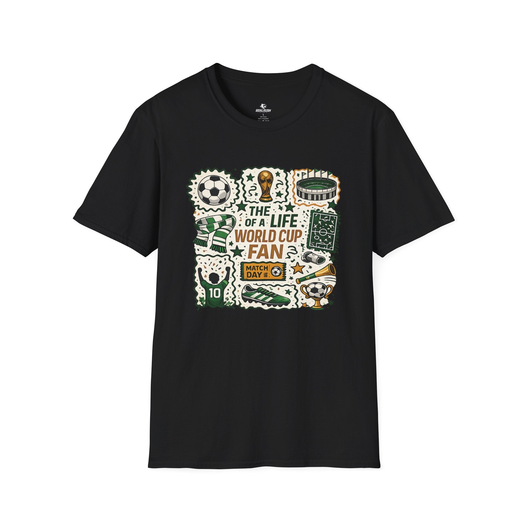World Cup Soccer Fan Stamp Collage Soccer T-Shirt - soccer fan t-shirt | GoalRush Studio