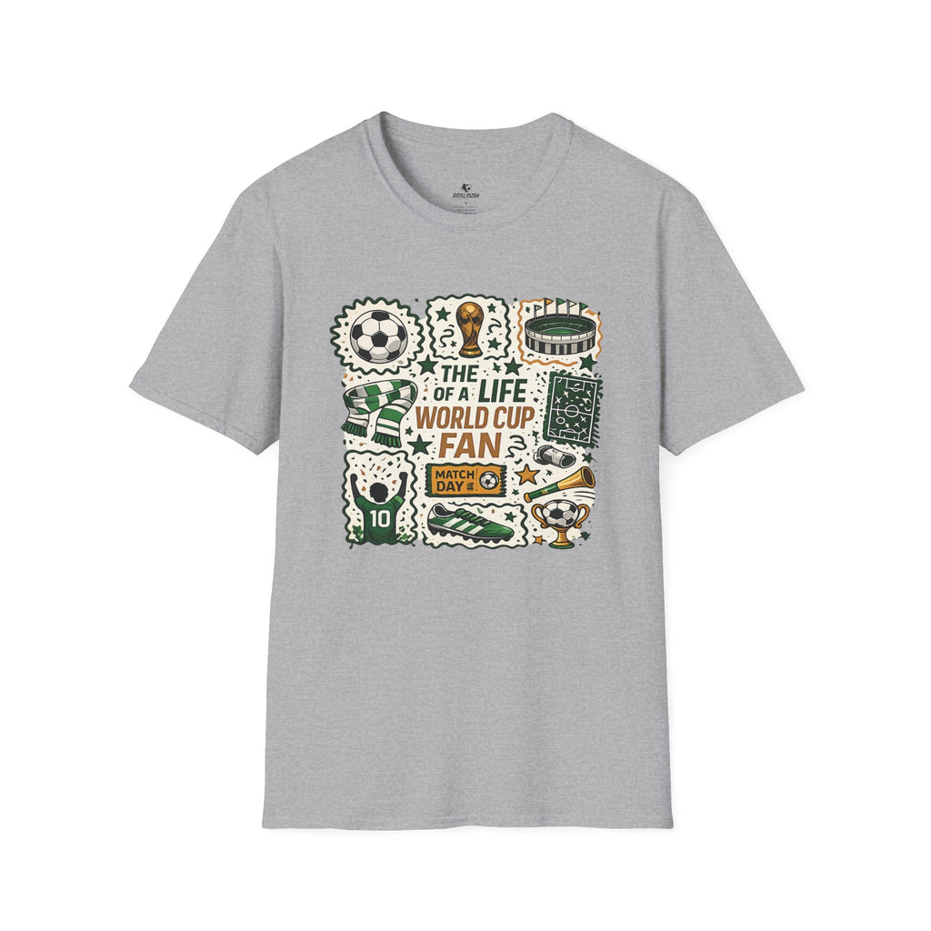 World Cup Soccer Fan Stamp Collage Soccer T-Shirt - soccer fan t-shirt | GoalRush Studio
