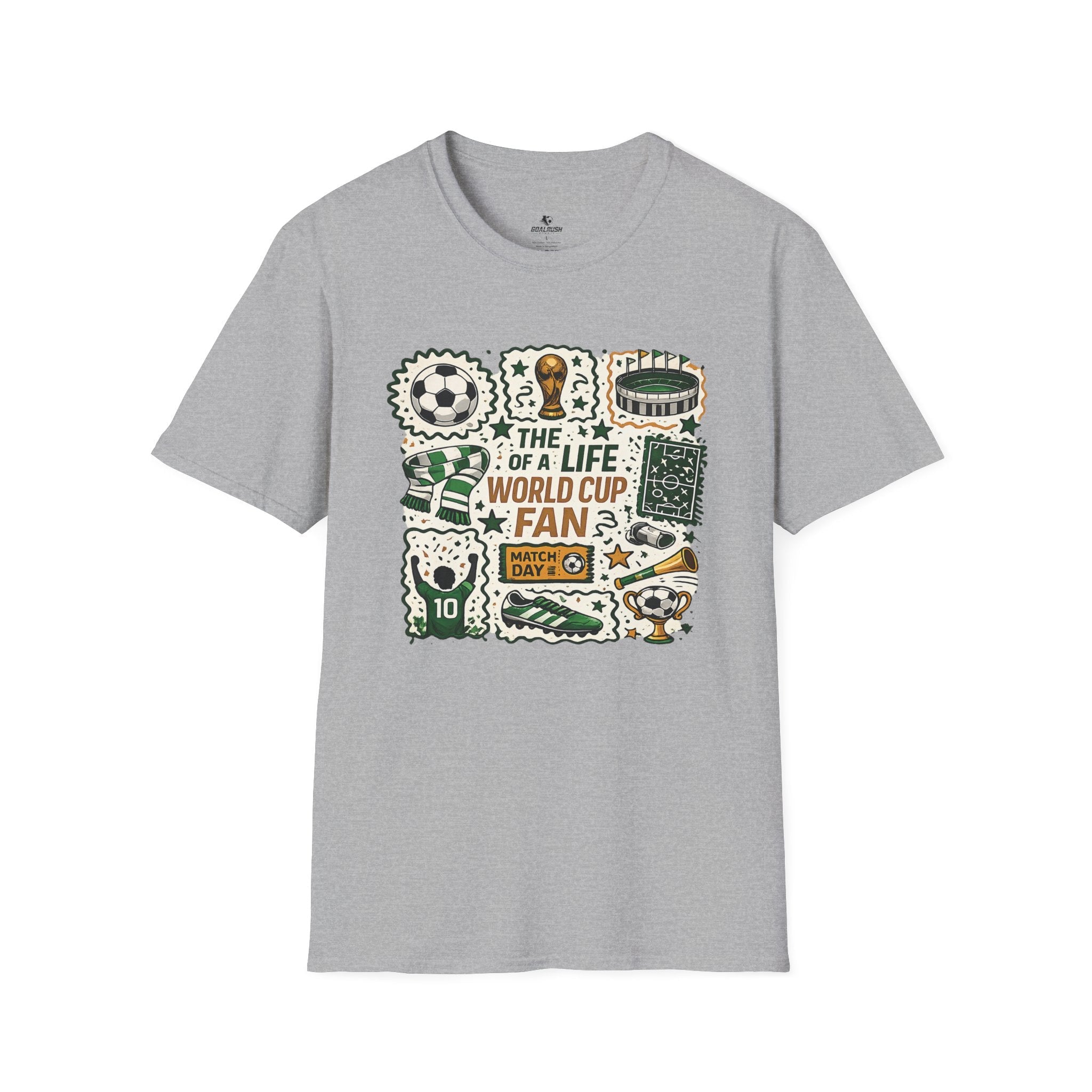 World Cup Soccer Fan Stamp Collage Soccer T-Shirt - soccer fan t-shirt | GoalRush Studio