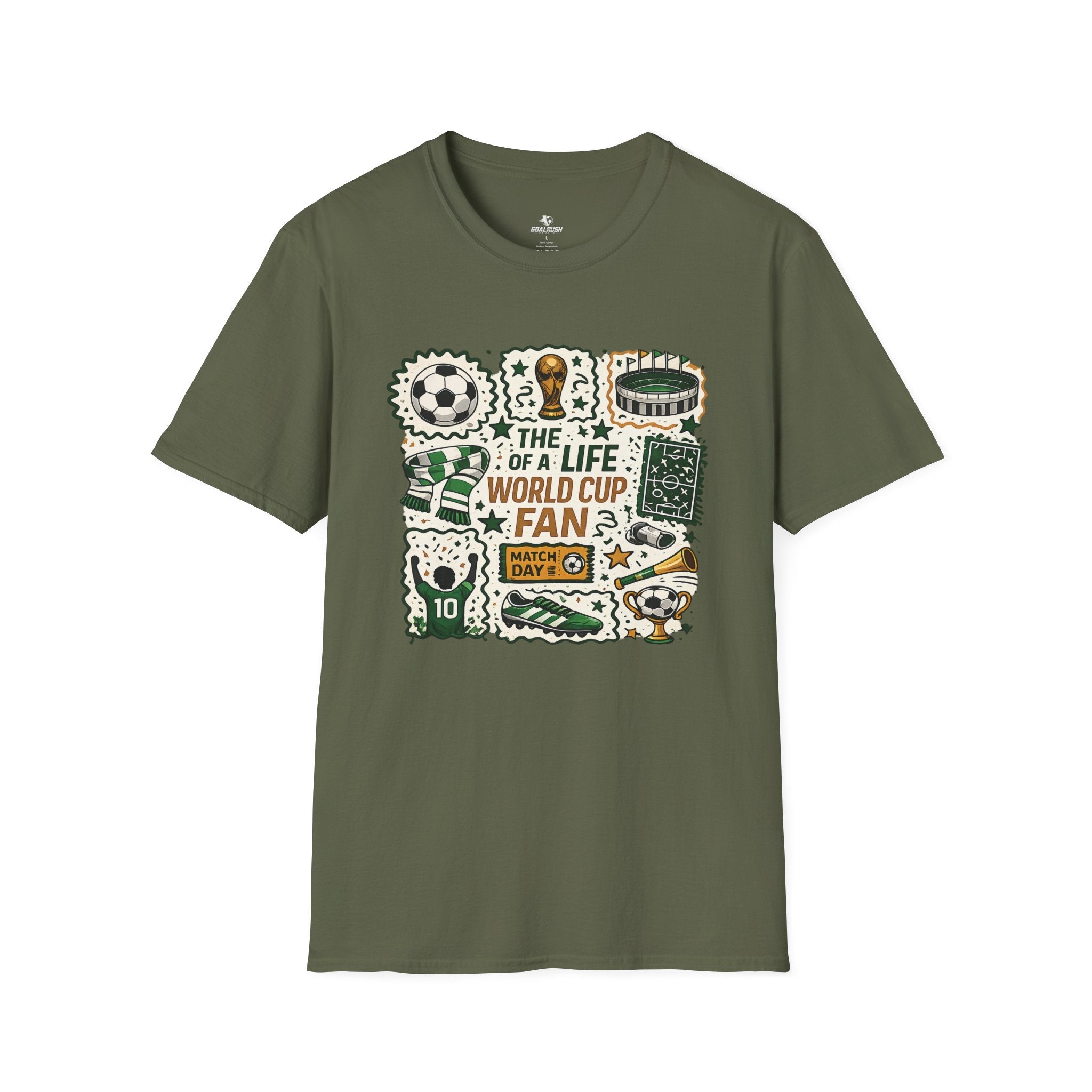 World Cup Soccer Fan Stamp Collage Soccer T-Shirt - soccer fan t-shirt | GoalRush Studio